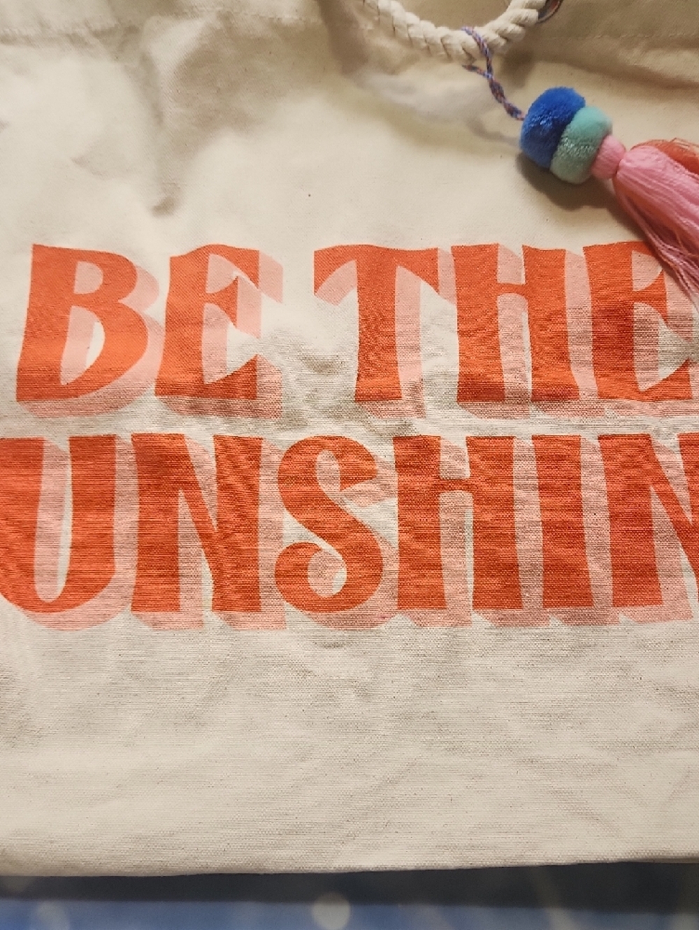 Be The Sunshine Cream Tote with Coral Text and Tassel 15" X 18" - Picture 3 of 8